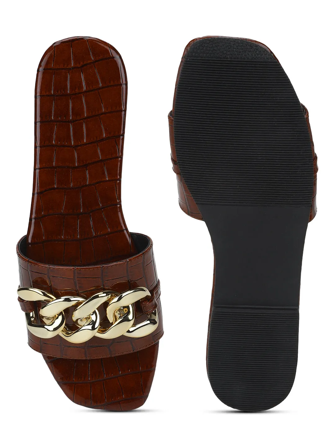 Braune Croc-PU-Sandalen mit Goldkette (TC-ST-1175-BROCROC)