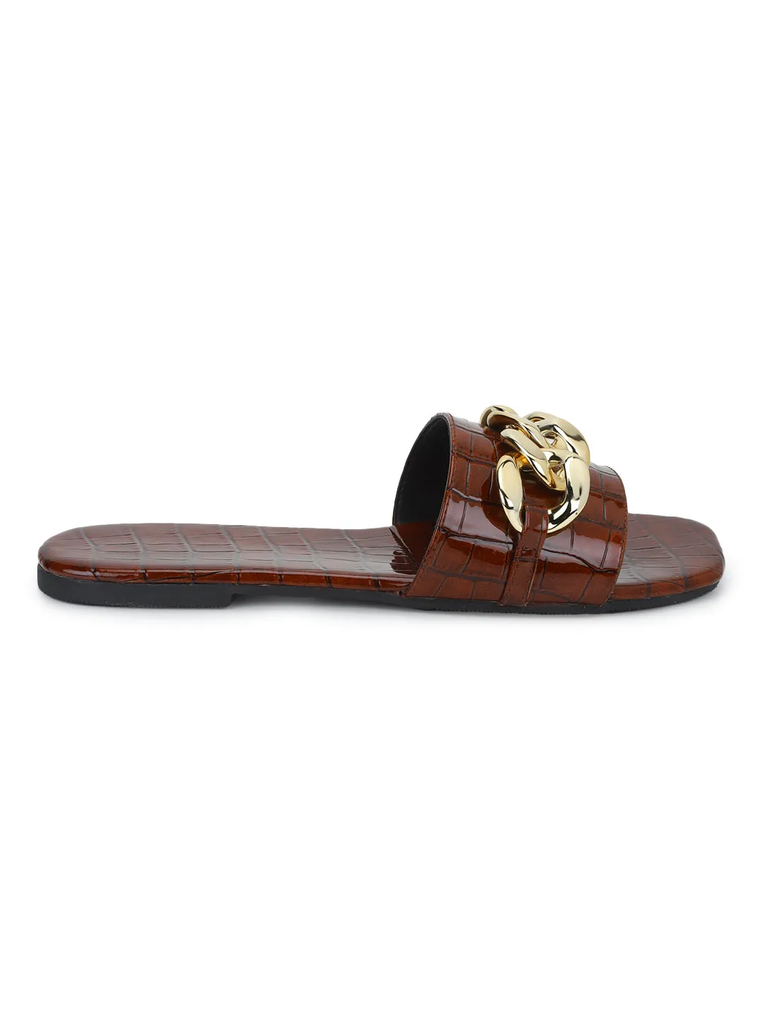 Braune Croc-PU-Sandalen mit Goldkette (TC-ST-1175-BROCROC)