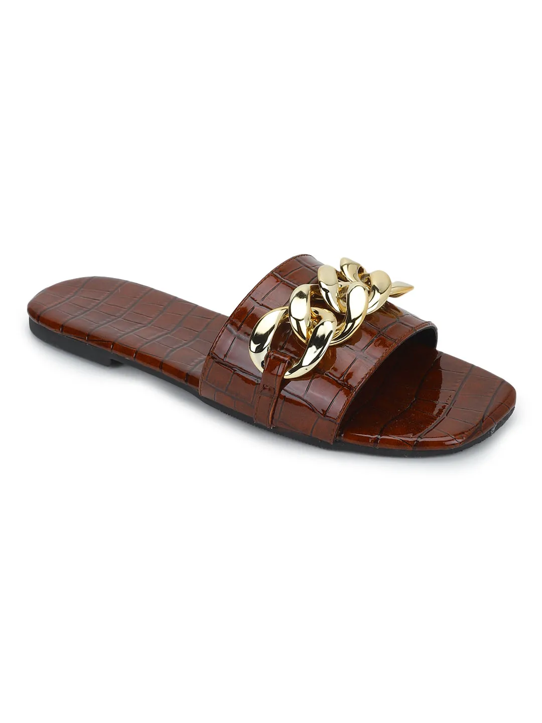 Braune Croc-PU-Sandalen mit Goldkette (TC-ST-1175-BROCROC)