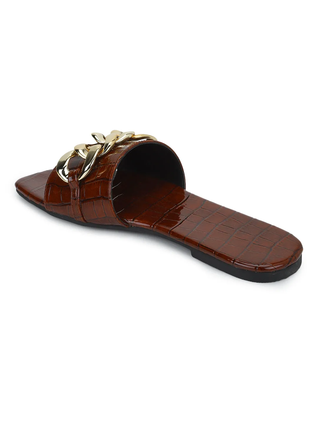 Braune Croc-PU-Sandalen mit Goldkette (TC-ST-1175-BROCROC)