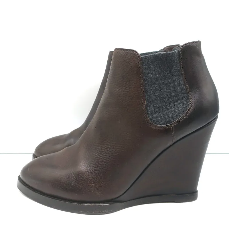 Brunello Cucinelli Keilabsatz Stiefeletten Dunkelbraun Leder Größe 41 Chelsea Booties