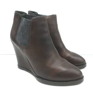 Brunello Cucinelli Keilabsatz Stiefeletten Dunkelbraun Leder Größe 41 Chelsea Booties