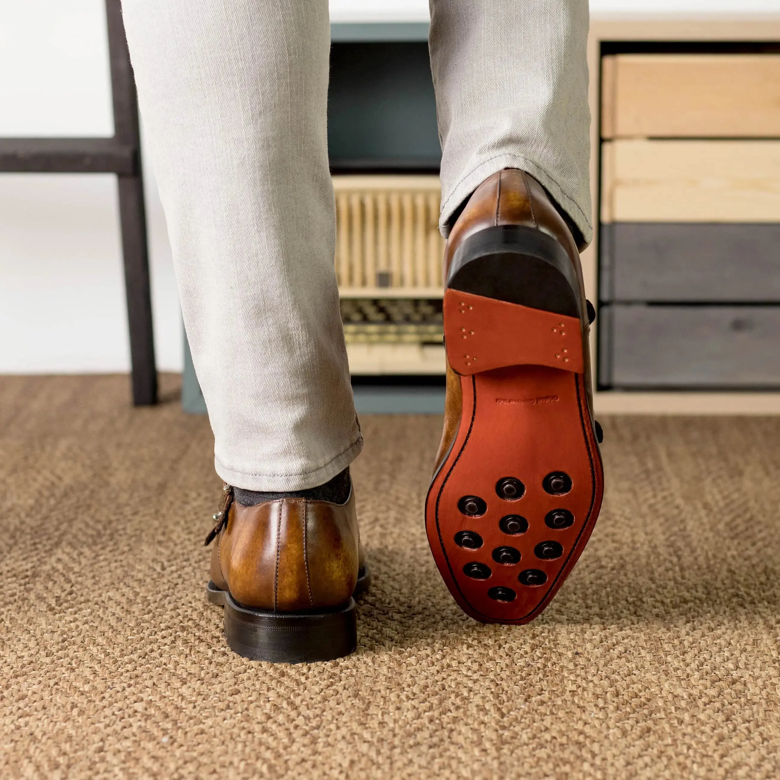 Dapperfam Schuhe DapperFam Monaco in Cognac Herren-Handbemalte Patina Doppelmonkstrap