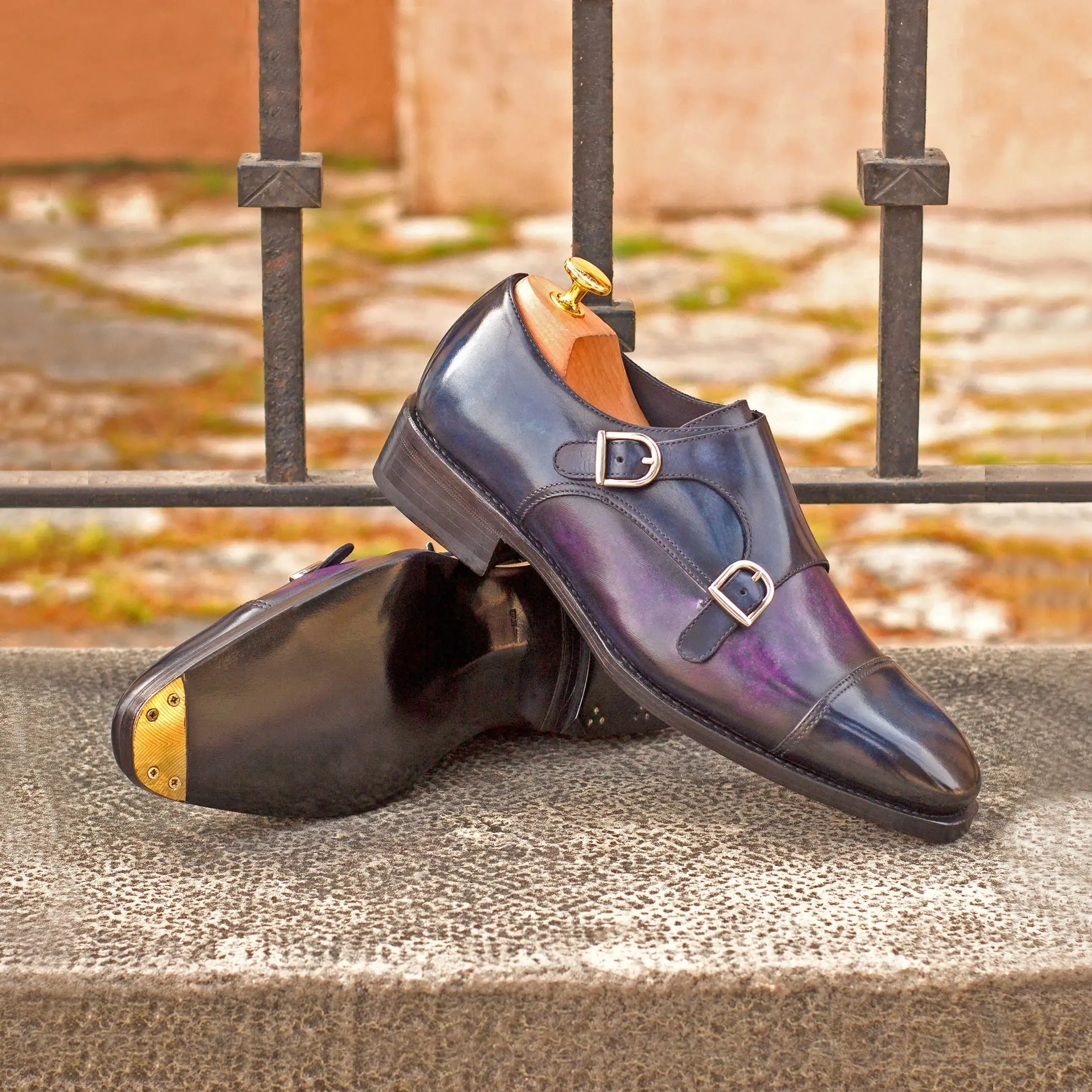 Dapperfam Schuhe DapperFam Monaco in Denim / Lila Herren-Handbemalte Patina Doppelmonk