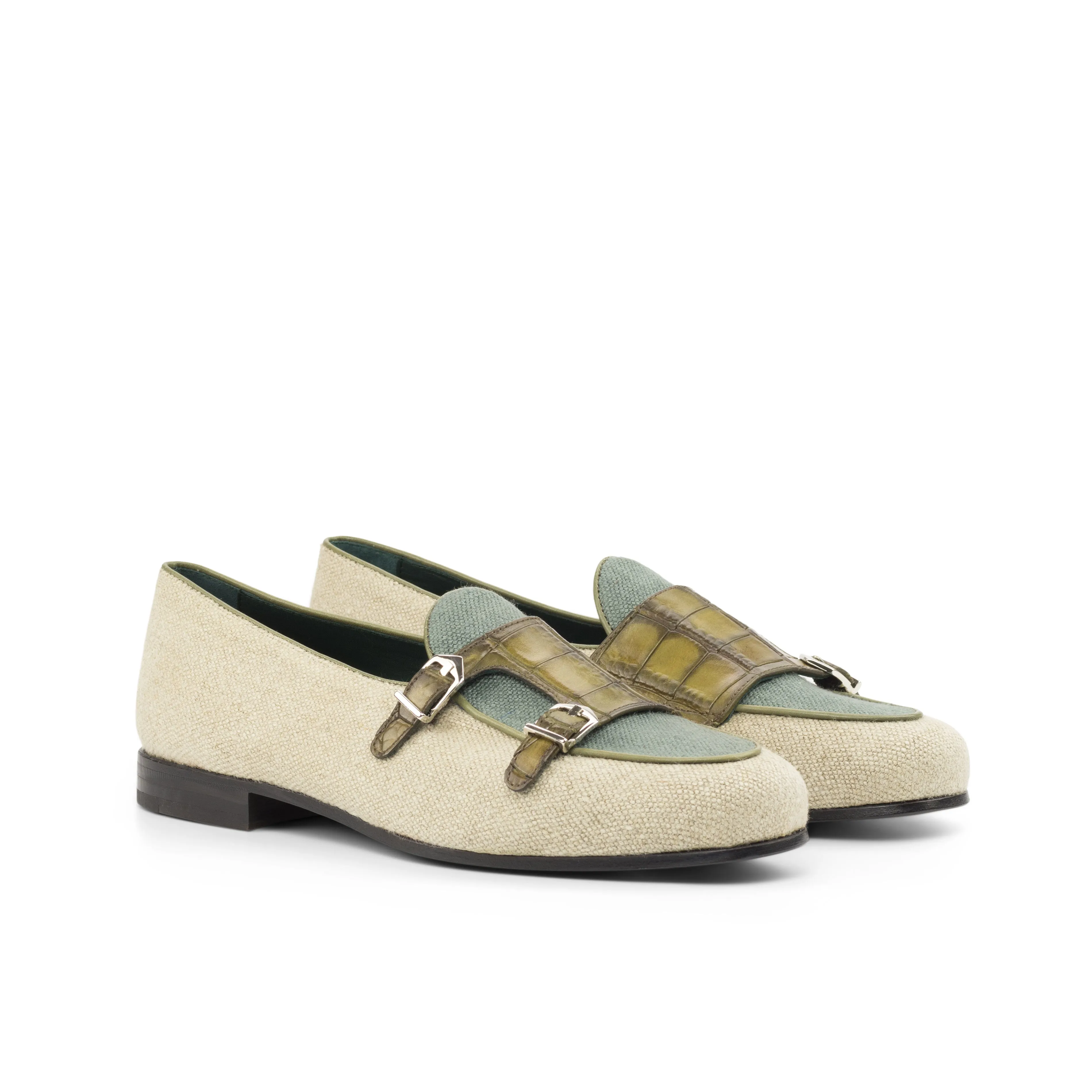 Dapperfam Schuhe DapperFam Rialto in Eis / Khaki / Olive Herren Leinen & Italienisches Leder Mönchsschlappen