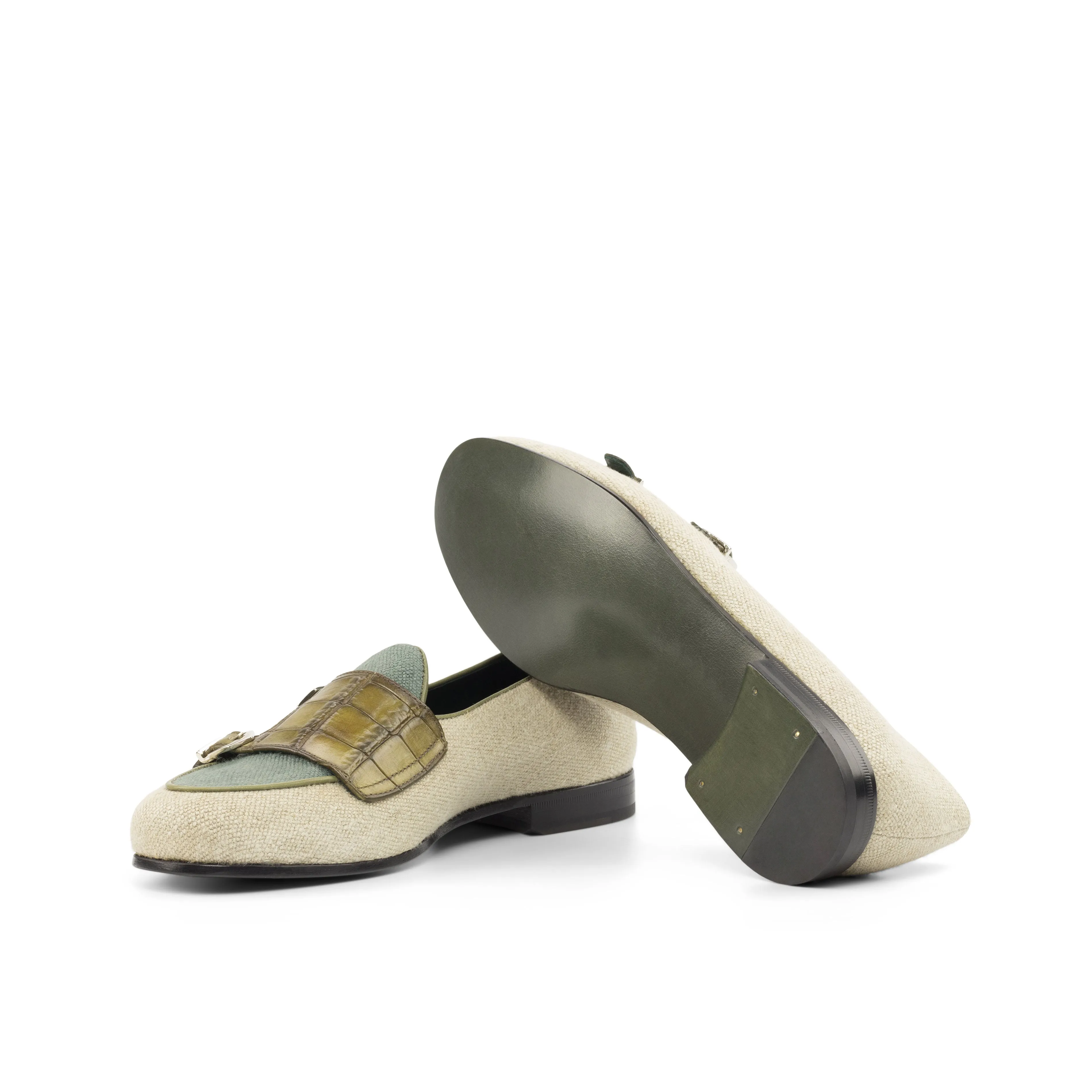 Dapperfam Schuhe DapperFam Rialto in Eis / Khaki / Olive Herren Leinen & Italienisches Leder Mönchsschlappen