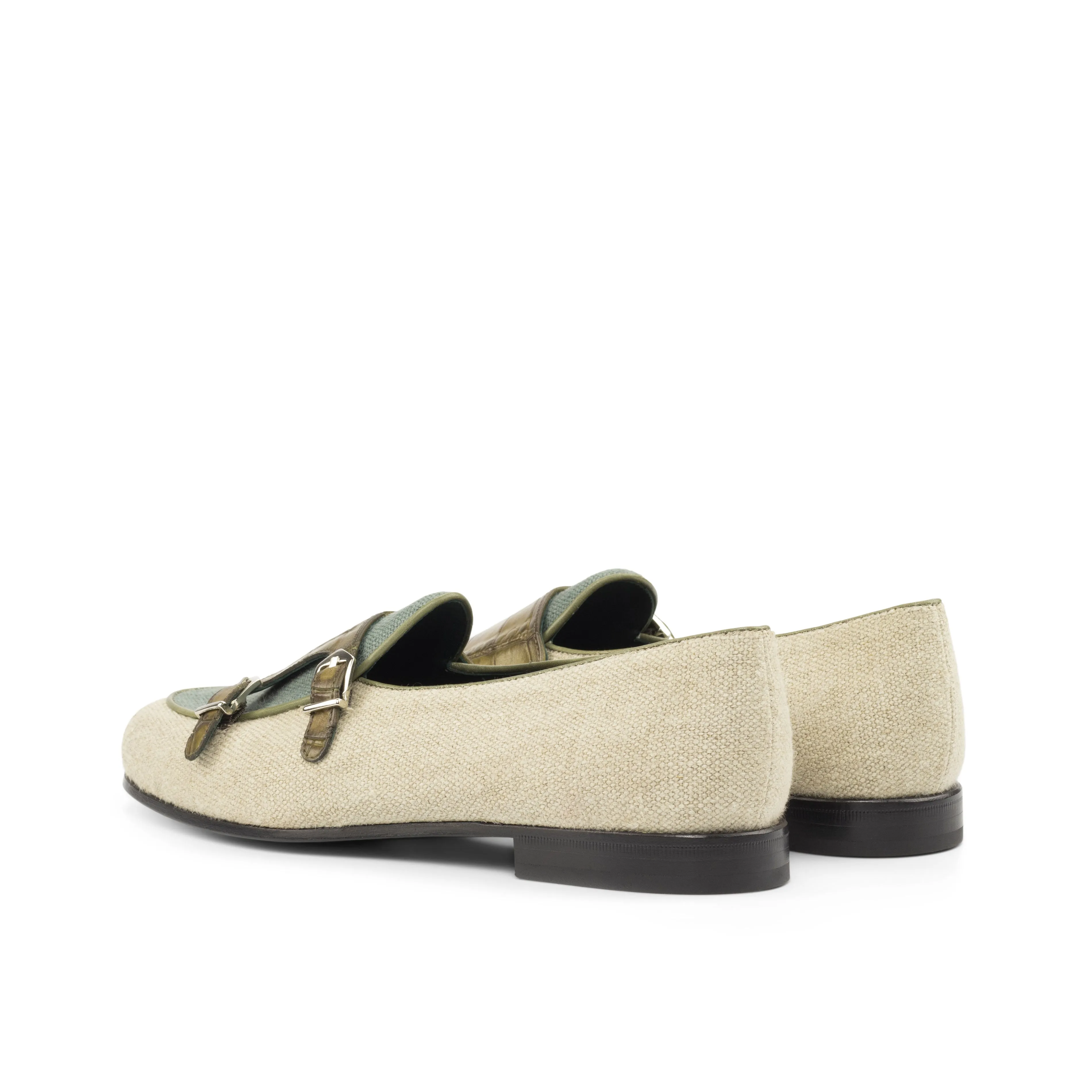 Dapperfam Schuhe DapperFam Rialto in Eis / Khaki / Olive Herren Leinen & Italienisches Leder Mönchsschlappen