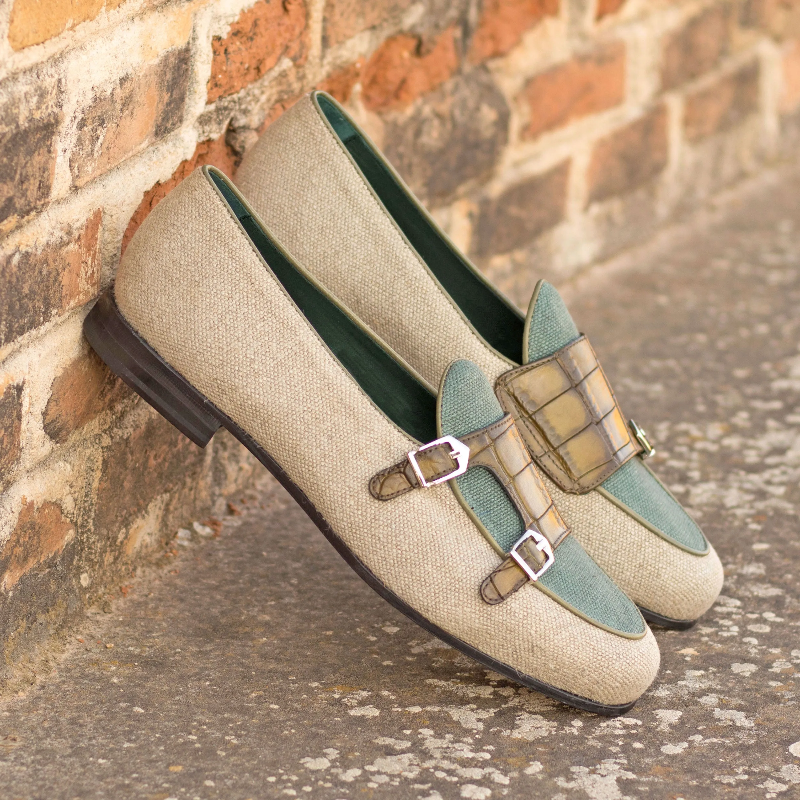Dapperfam Schuhe DapperFam Rialto in Eis / Khaki / Olive Herren Leinen & Italienisches Leder Mönchsschlappen