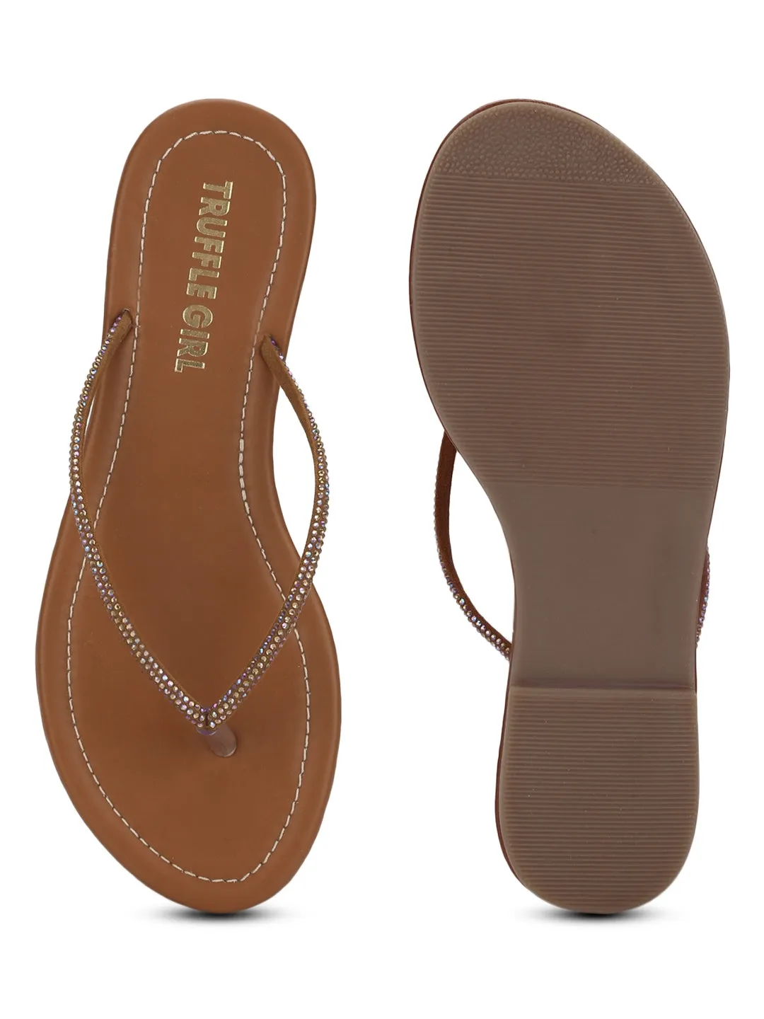 Verzierte braune PU-Slip-On-Flatsandalen