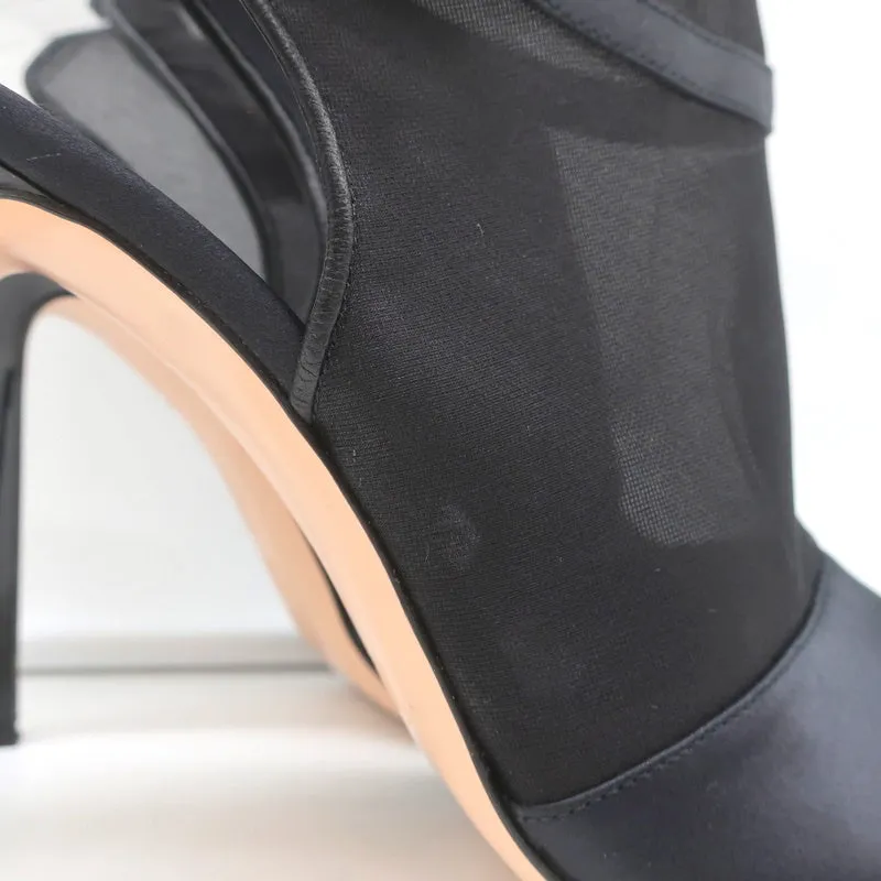 Gianvito Rossi Peep-Toe Slingback Stiefeletten Schwarz Satin & Organza Größe 40 NEU