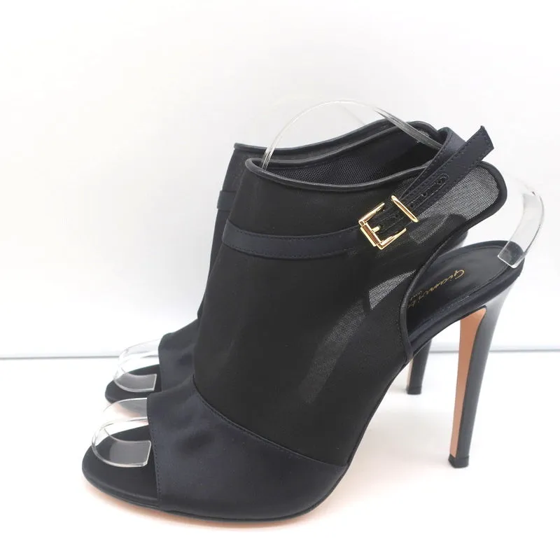 Gianvito Rossi Peep-Toe Slingback Stiefeletten Schwarz Satin & Organza Größe 40 NEU