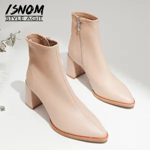 ISNOM Schaffell-Stiefel Damen Knöchelstiefel Spitze Mode Schuhe Damen Reißverschluss High Heels Party Schuhe Damen Frühling Rosa 2020 Fashion Nova Schuhe