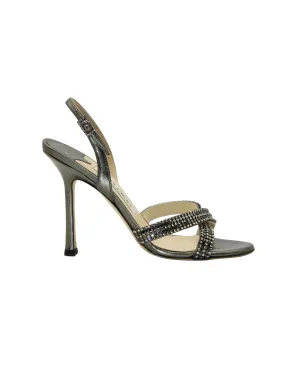 Jimmy Choo Silberfarbene Crystal-verzierte Kreuzriemen-Sandalen in Gunmetal-Leder