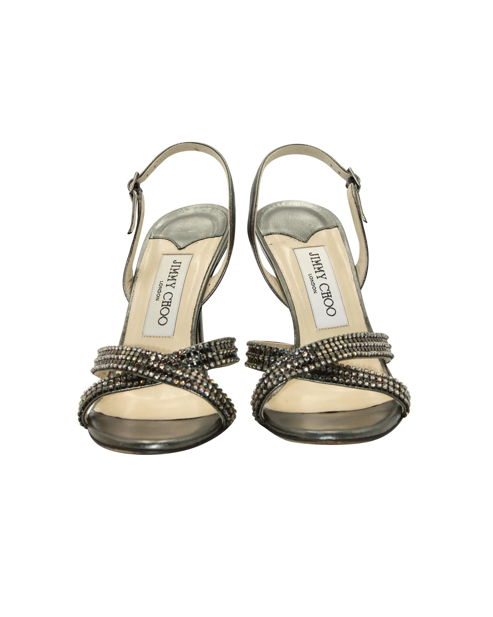 Jimmy Choo Silberfarbene Crystal-verzierte Kreuzriemen-Sandalen in Gunmetal-Leder