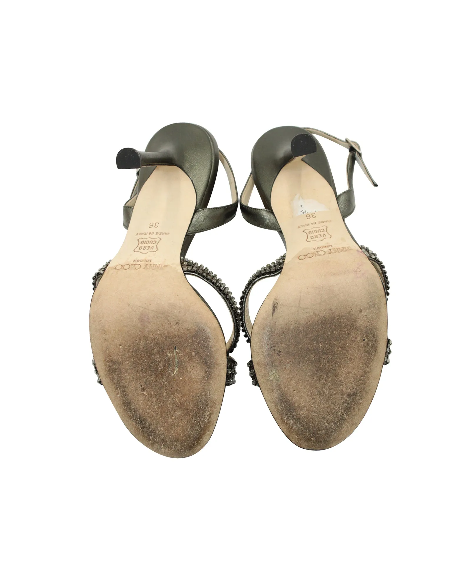 Jimmy Choo Silberfarbene Crystal-verzierte Kreuzriemen-Sandalen in Gunmetal-Leder