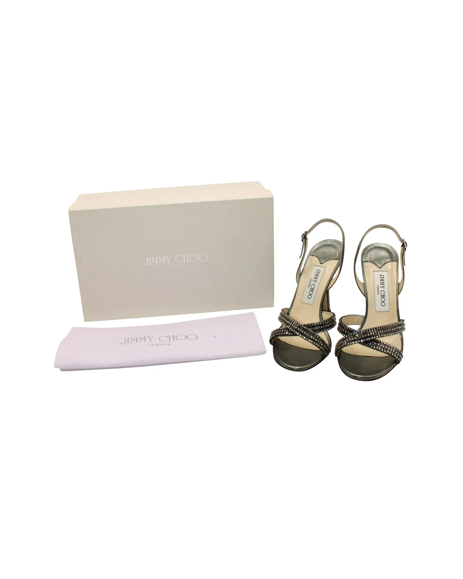 Jimmy Choo Silberfarbene Crystal-verzierte Kreuzriemen-Sandalen in Gunmetal-Leder
