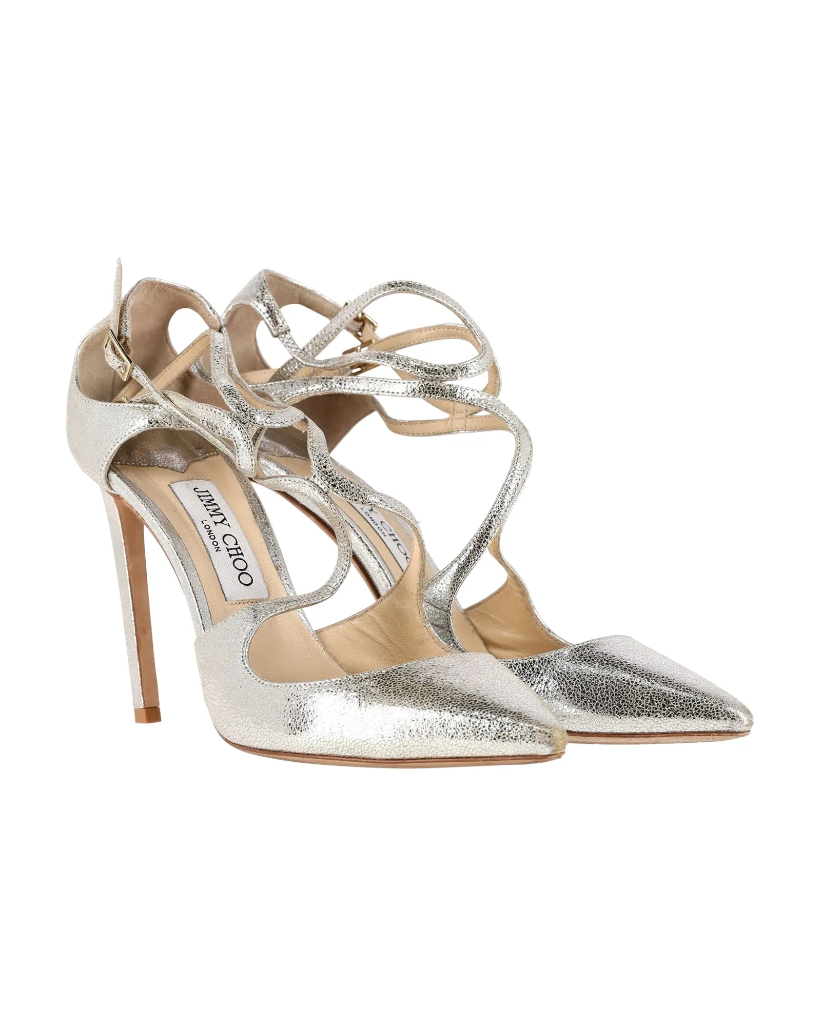Jimmy Choo Lancer 100 Champagner Spitzenschuh Pumps in Silber Leder