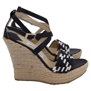 Jimmy Choo Geflochtene Espadrille Keil-Sandalen in Schwarz aus Jute und Leder_Jimmy-Choo
