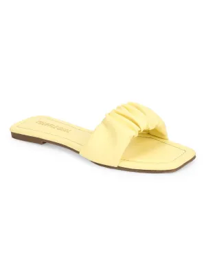 Zitronengelbe PU-Riemchen-Slipper mit Knitteroptik