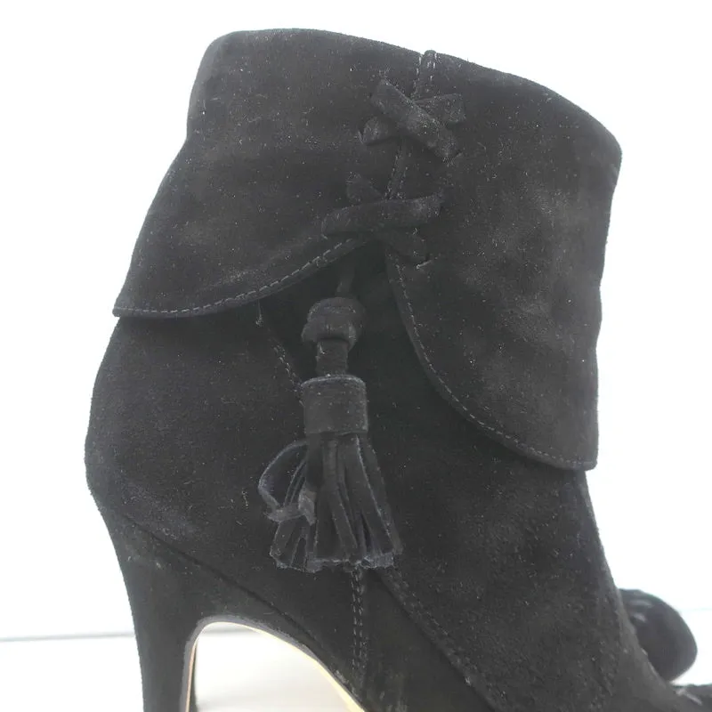 Manolo Blahnik Quasten-Chelsea-Stiefel Schwarz Wildleder Größe 37 High Heel Booties