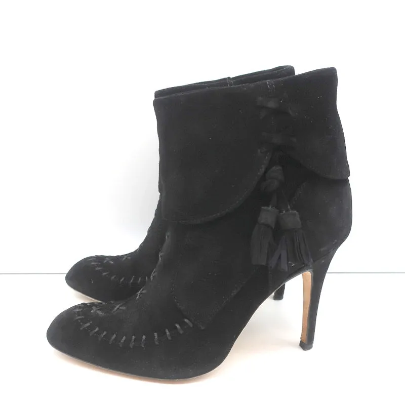 Manolo Blahnik Quasten-Chelsea-Stiefel Schwarz Wildleder Größe 37 High Heel Booties