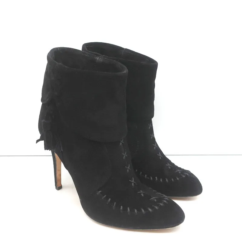 Manolo Blahnik Quasten-Chelsea-Stiefel Schwarz Wildleder Größe 37 High Heel Booties