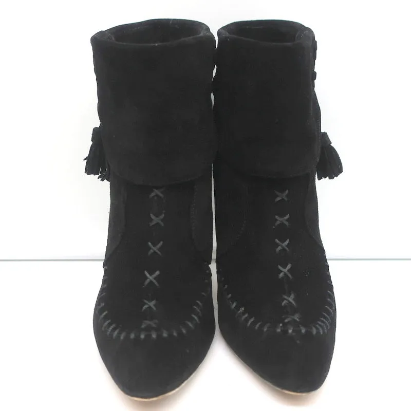 Manolo Blahnik Quasten-Chelsea-Stiefel Schwarz Wildleder Größe 37 High Heel Booties