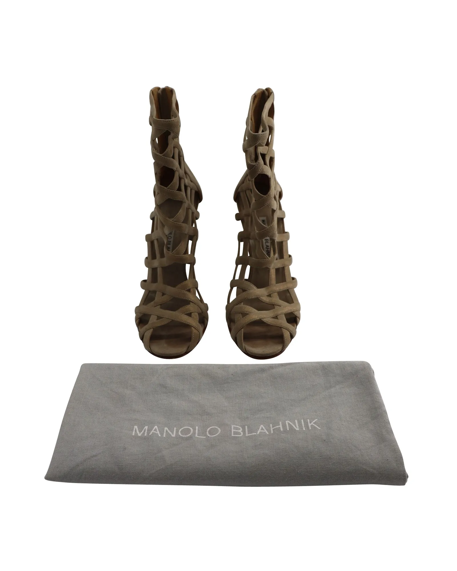 Manolo Blahnik Vagibu Cage High Heel Sandalen in Khaki Wildleder