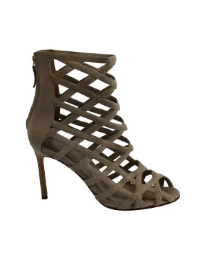Manolo Blahnik Vagibu Cage High Heel Sandalen in Khaki Wildleder