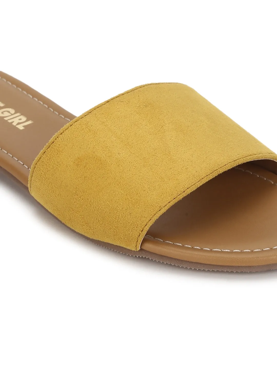 Senfgelbe PU-Slide-Flatsandalen