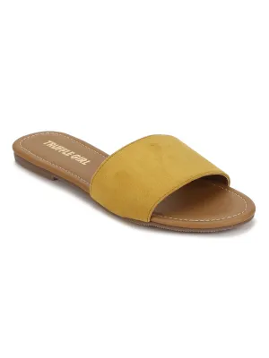 Senfgelbe PU-Slide-Flatsandalen