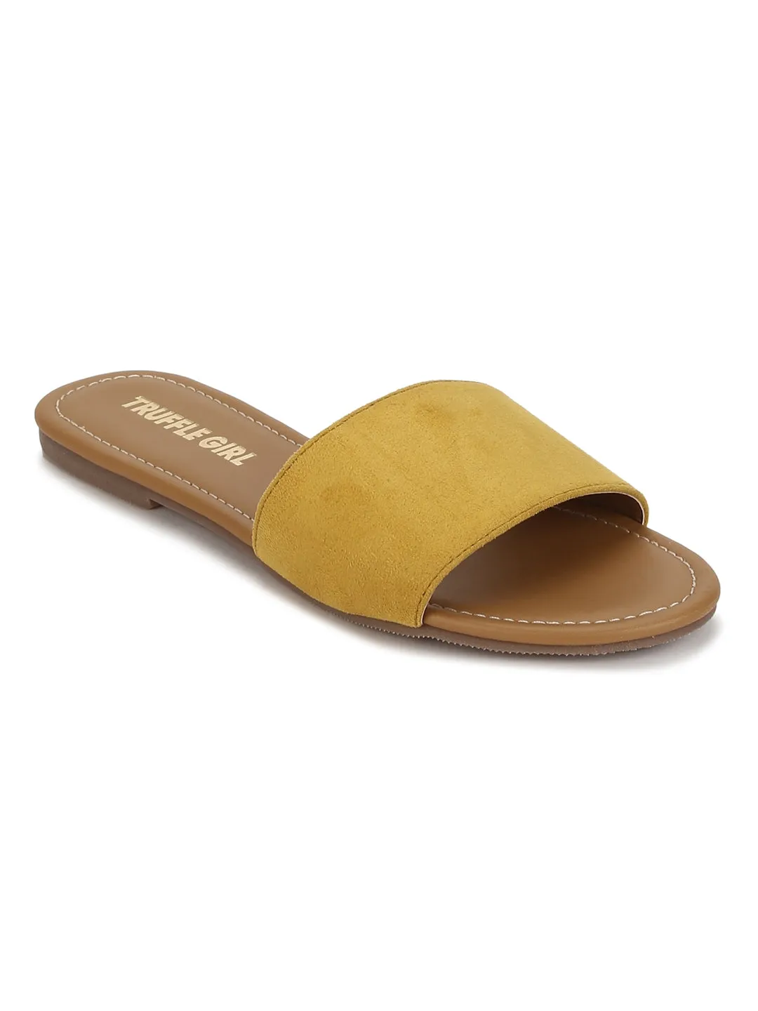 Senfgelbe PU-Slide-Flatsandalen