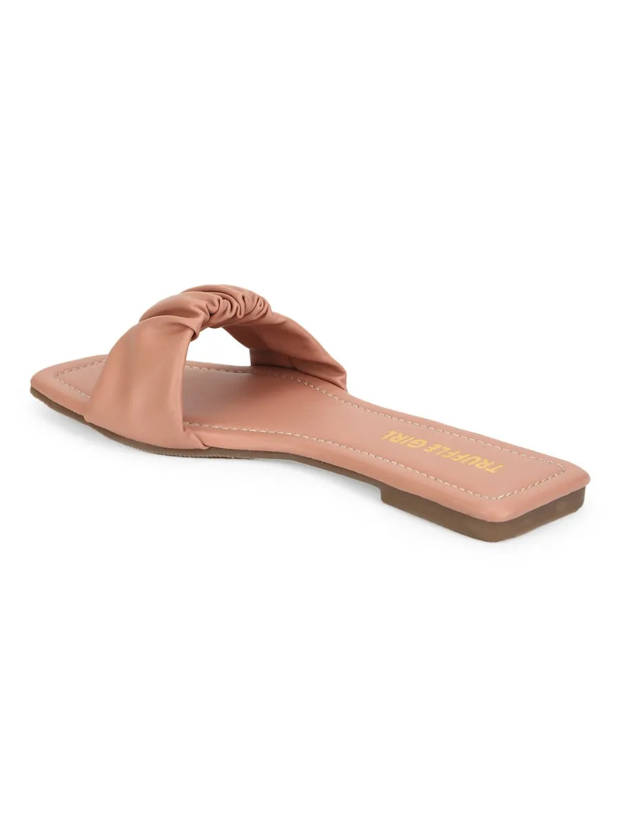 Nackte PU Riemchen-Slipper mit Knitteroptik