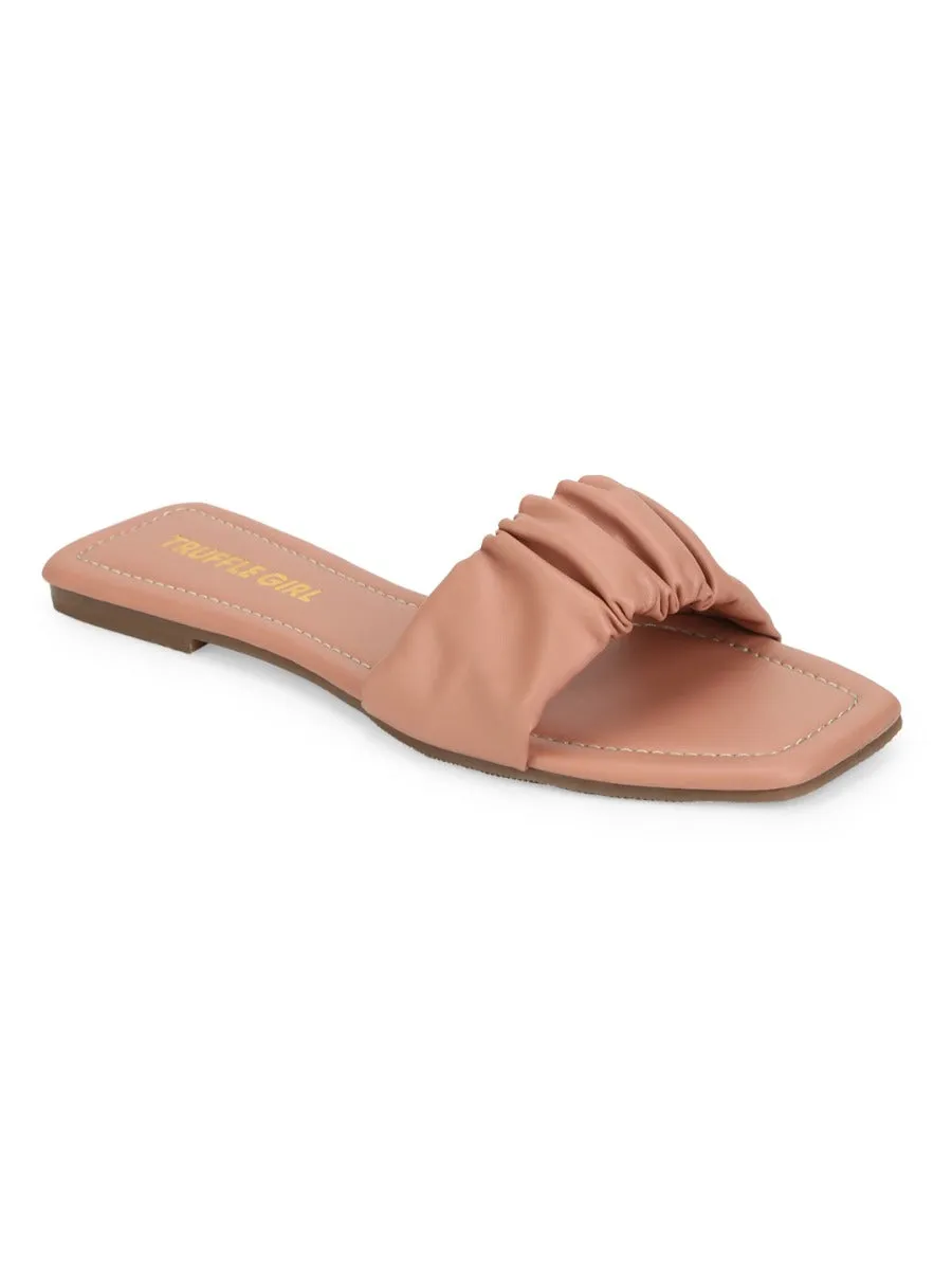 Nackte PU Riemchen-Slipper mit Knitteroptik