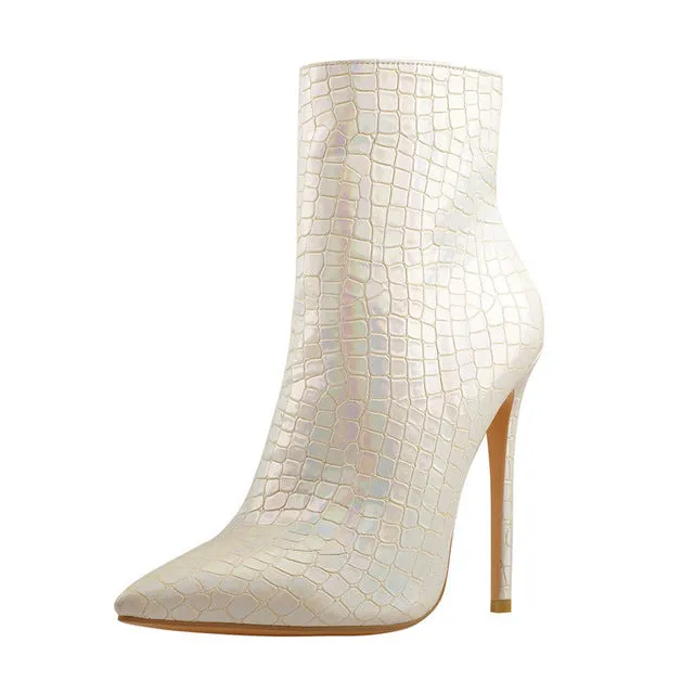 Onlymaker Damen 12CM Hohe Knöchelstiefel für Frauen Spitze Zehen Reißverschluss Party Steindruck Mesh High Heels Booties Fashion Nova Schuhe