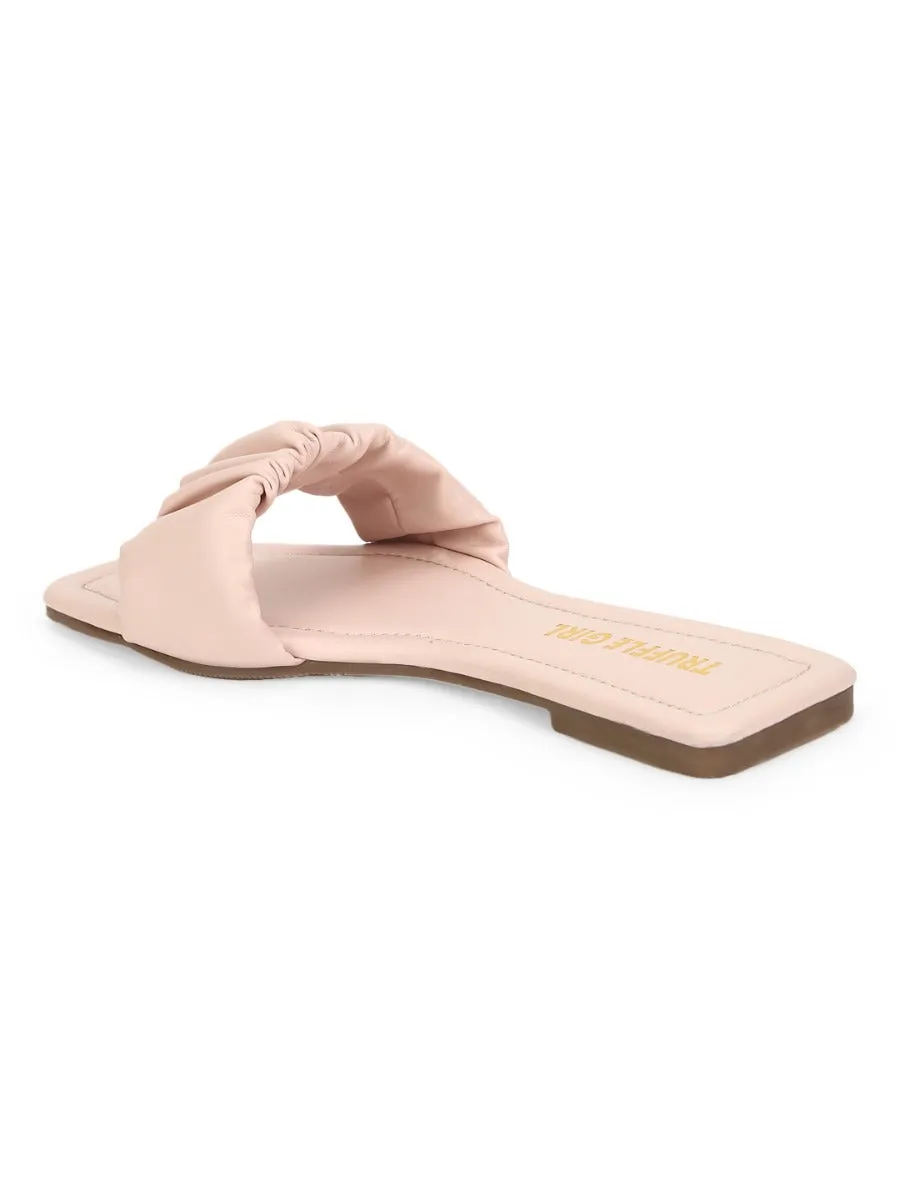 Rosa PU Riemchen-Slipper mit Knitteroptik