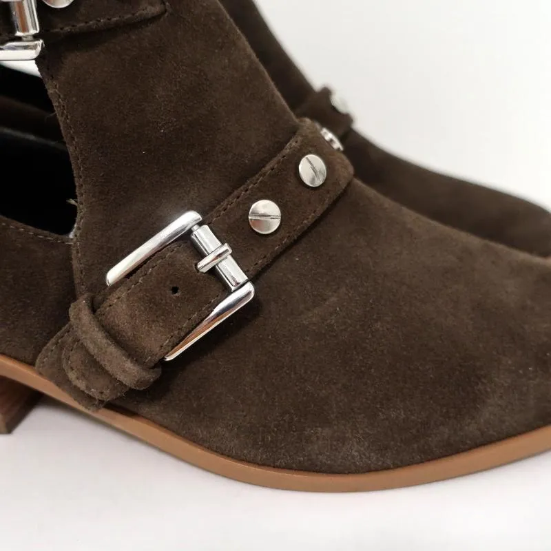 Rebecca Minkoff Abigail Schnallen-Stiefeletten Braun Wildleder Größe 9 Ausgeschnittene Knöchelstiefel