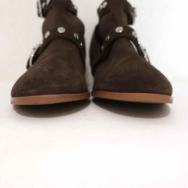 Rebecca Minkoff Abigail Schnallen-Stiefeletten Braun Wildleder Größe 9 Ausgeschnittene Knöchelstiefel