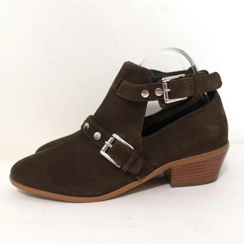 Rebecca Minkoff Abigail Schnallen-Stiefeletten Braun Wildleder Größe 9 Ausgeschnittene Knöchelstiefel