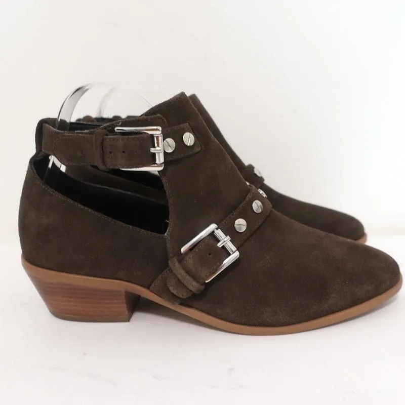 Rebecca Minkoff Abigail Schnallen-Stiefeletten Braun Wildleder Größe 9 Ausgeschnittene Knöchelstiefel
