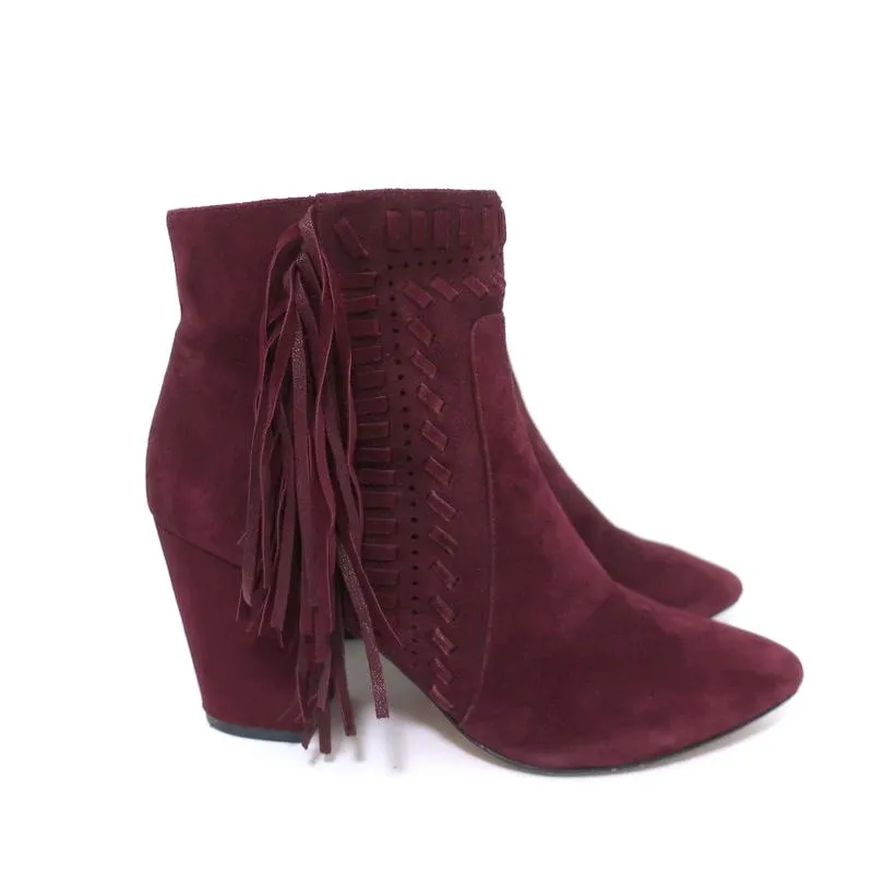 Rebecca Minkoff Fransen Knöchelstiefel Ilan Weinrot Wildleder Größe 9 Spitze Stiefeletten
