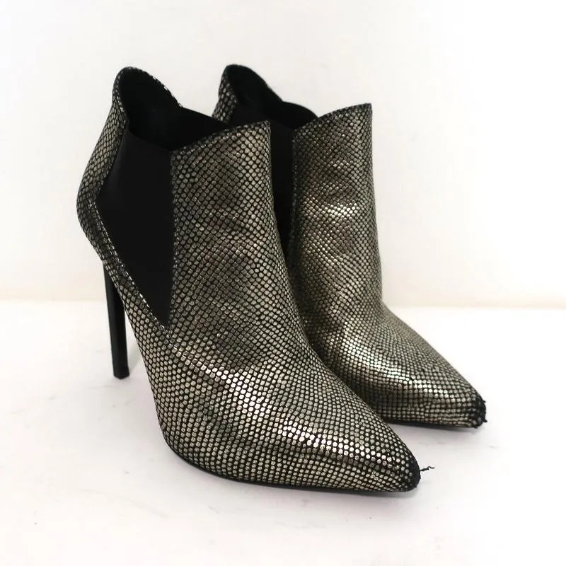Saint Laurent Paris Spitzenschuh Stiefeletten Gold Schlangenprägung Leder Größe 35.5
