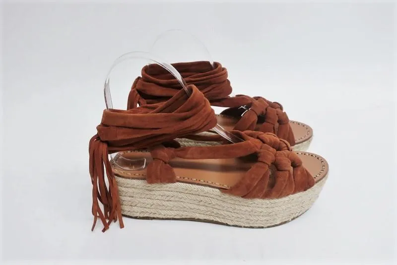 Sigerson Morrison Espadrille Sandalen Cosie Braun Wildleder Größe 7,5 Knöchelriemen Keilabsatz