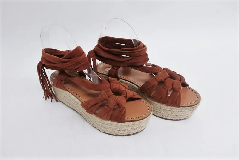 Sigerson Morrison Espadrille Sandalen Cosie Braun Wildleder Größe 7,5 Knöchelriemen Keilabsatz