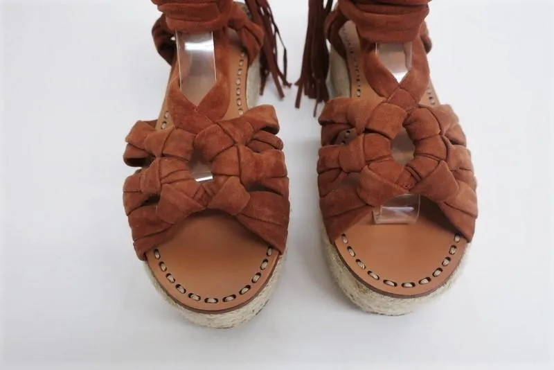 Sigerson Morrison Espadrille Sandalen Cosie Braun Wildleder Größe 7,5 Knöchelriemen Keilabsatz
