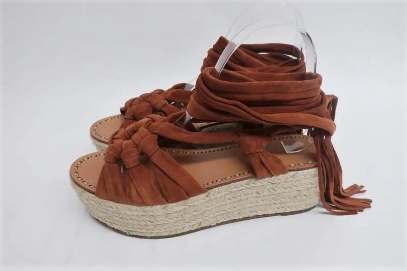 Sigerson Morrison Espadrille Sandalen Cosie Braun Wildleder Größe 7,5 Knöchelriemen Keilabsatz