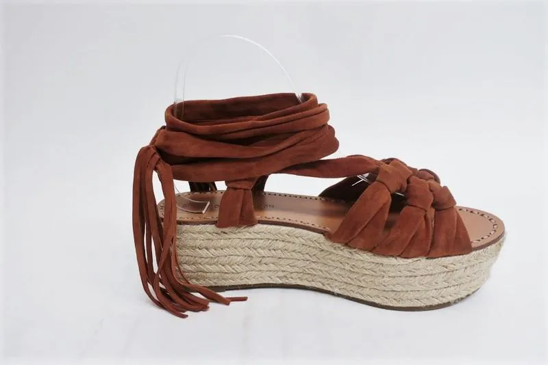 Sigerson Morrison Espadrille Sandalen Cosie Braun Wildleder Größe 7,5 Knöchelriemen Keilabsatz