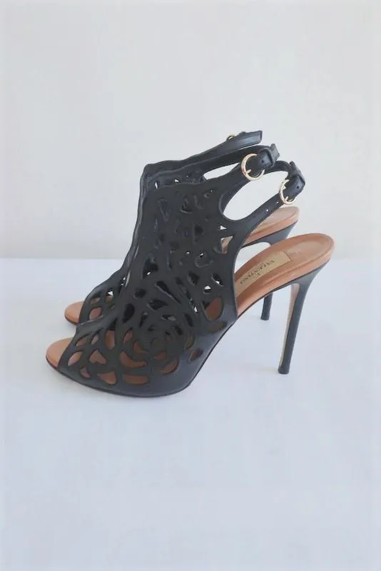 Valentino Rose Laser-Cut Slingback Stiefeletten Schwarz Leder Größe 39 Peep-Toe Absatz                       15 >