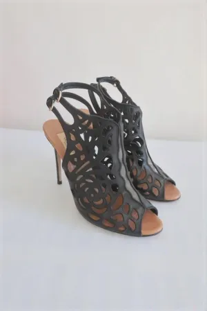 Valentino Rose Laser-Cut Slingback Stiefeletten Schwarz Leder Größe 39 Peep-Toe Absatz                       15 >