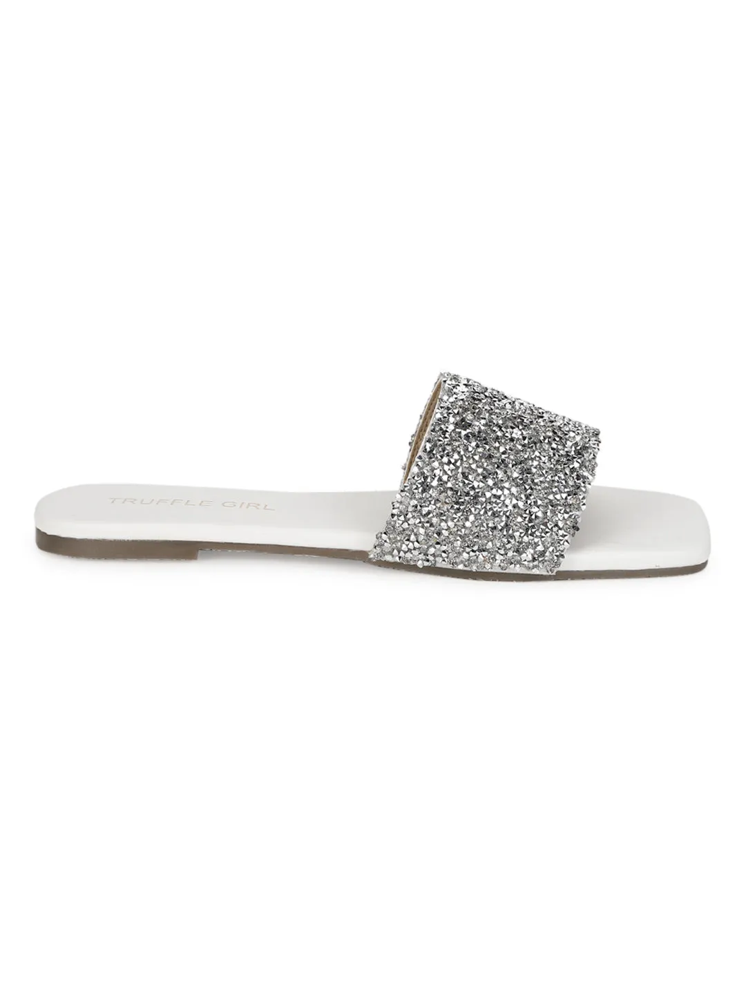 Weiße PU Glitzer-Slipper mit Strassbesatz (TC-ST-1211-WHT)